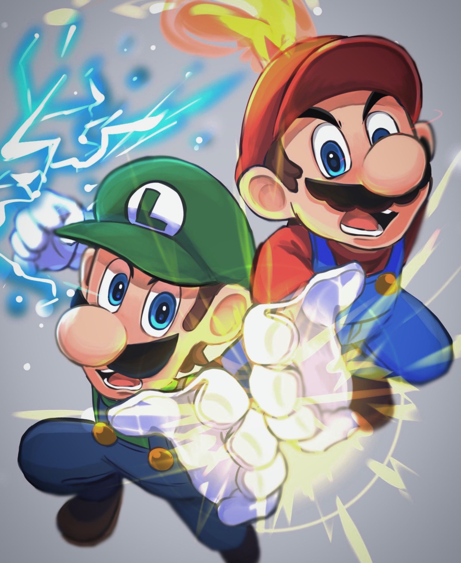 2boys, blue_eyes, blue_overalls, brown_hair, clenched_hand, electricity, facial_hair, fire, gloves, green_headwear, green_shirt, hat, highres, hiyashimeso, looking_at_viewer, luigi, mario, multiple_boys, mustache, open_mouth, overalls, red_headwear, red_shirt, shirt, simple_background, super_mario_bros., teeth, white_gloves