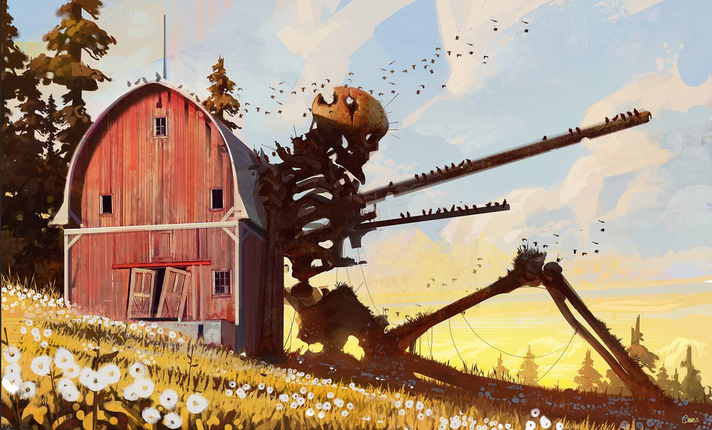 abandoned, barn, bird, blue_sky, clouds, commentary, dandelion, day