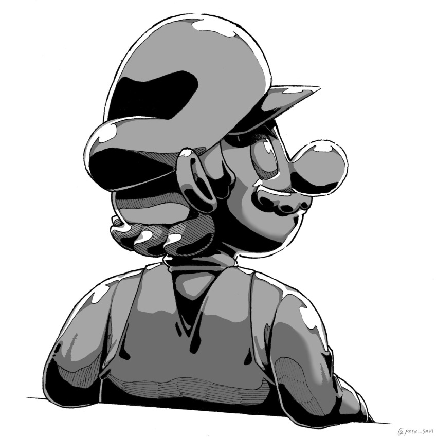 1boy, facial_hair, facing_away, hat, highres, looking_away, mario, metal_mario