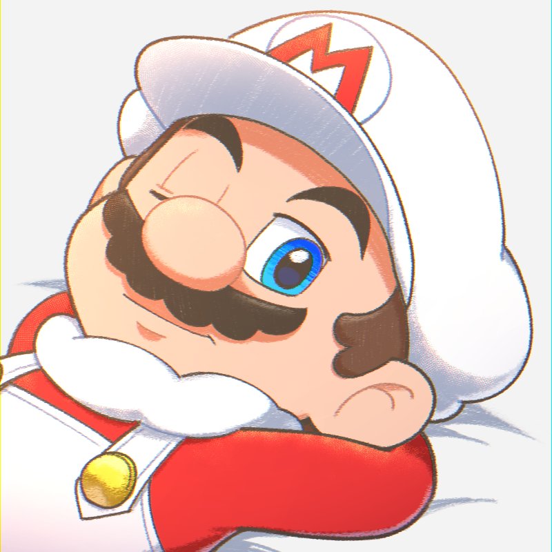 1boy, arms_behind_head, blue_eyes, brown_hair, cloud_mario, facial_hair, hat, looking_at_viewer, mario, mustache, one_eye_closed, overalls, portrait, red_shirt, shirt, simple_background, super_mario_bros., syaon_tshscl, white_headwear, white_overalls