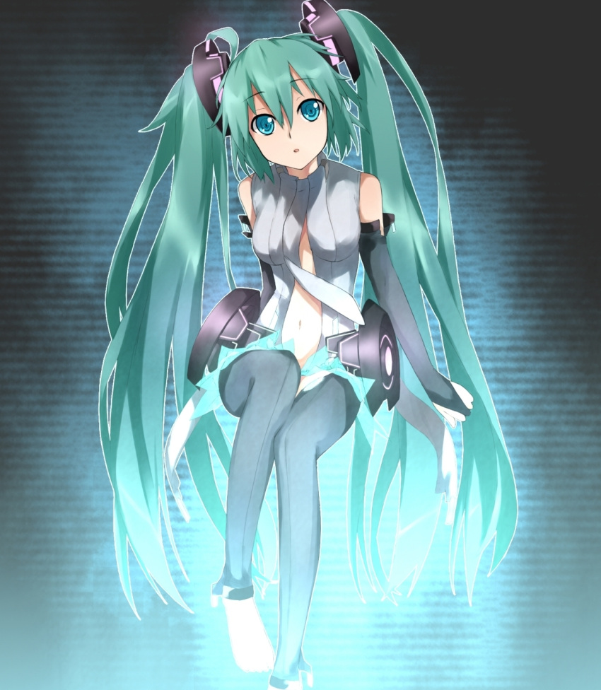 aqua_eyes, aqua_hair, barefoot, belt, elbow_gloves, fingerless_gloves, gloves, haguruma