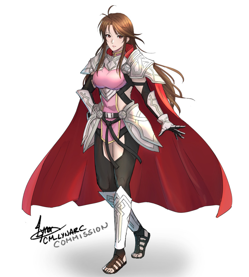 1girl, antenna_hair, armor, artist_name, black_gloves, black_thighhighs, brown_hair, cape