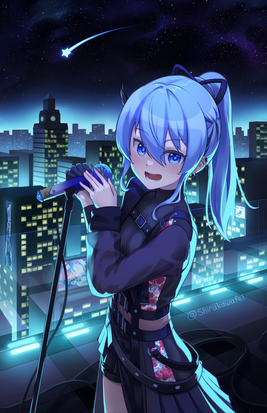 1girl, backlighting, black_gloves, black_shirt, black_shorts, blue_eyes, blue_hair, cable