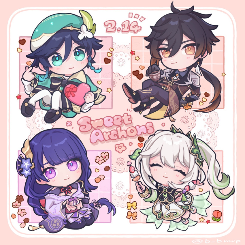 2boys, 2girls, aqua_hair, b_bmvp, bangs, black_hair, blue_hair, bow, box, braid, brown_hair, cape, chibi, closed_eyes, coat, cup, dress, english_text, flower, food, genshin_impact, gift, gift_box, gradient_hair, green_headwear, grey_hair, hat, heart, highres, holding, holding_food, holding_skewer, japanese_clothes, long_hair, long_sleeves, mitsudomoe_(shape), multicolored_hair, multiple_boys, multiple_girls, nahida_(genshin_impact), pants, petals, pointy_ears, ponytail, purple_hair, raiden_shogun, side_ponytail, simple_background, single_braid, skewer, smile, tomoe_(symbol), twin_braids, twitter_username, valentine, venti_(genshin_impact), white_hair, wide_sleeves, zhongli_(genshin_impact)