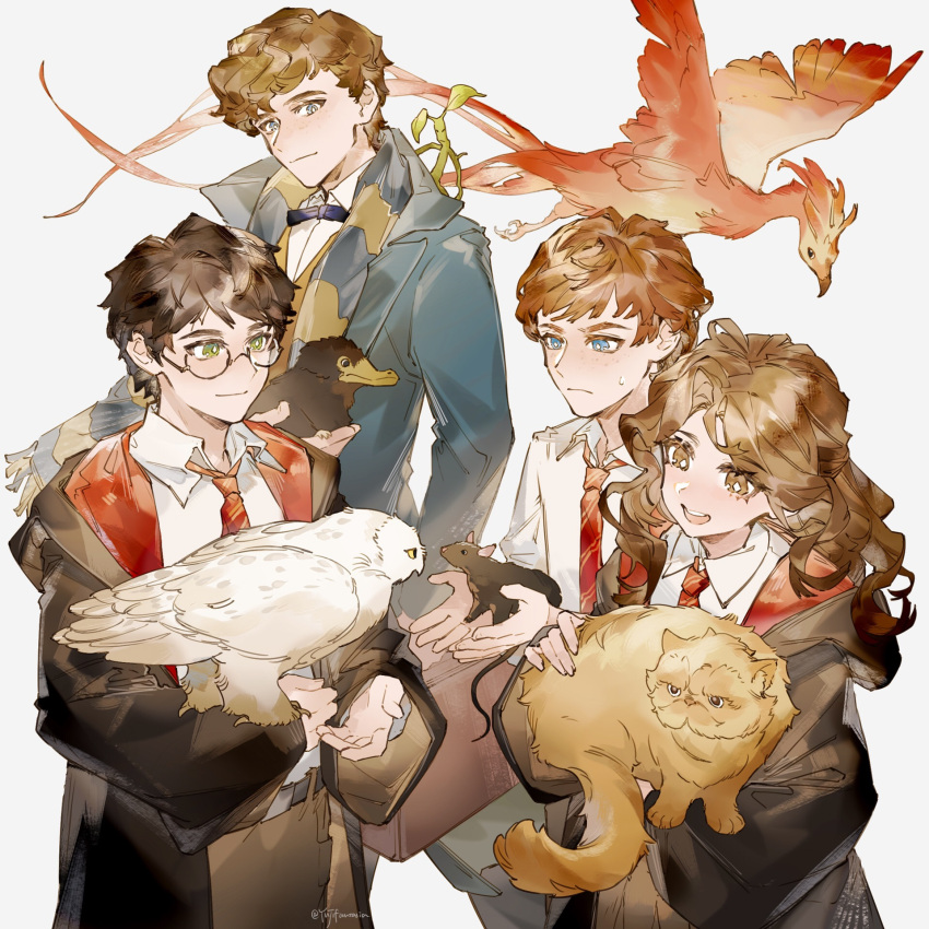 1girl, 3boys, animal, animal_on_shoulder, bird, black_hair, black_jacket, blue_coat