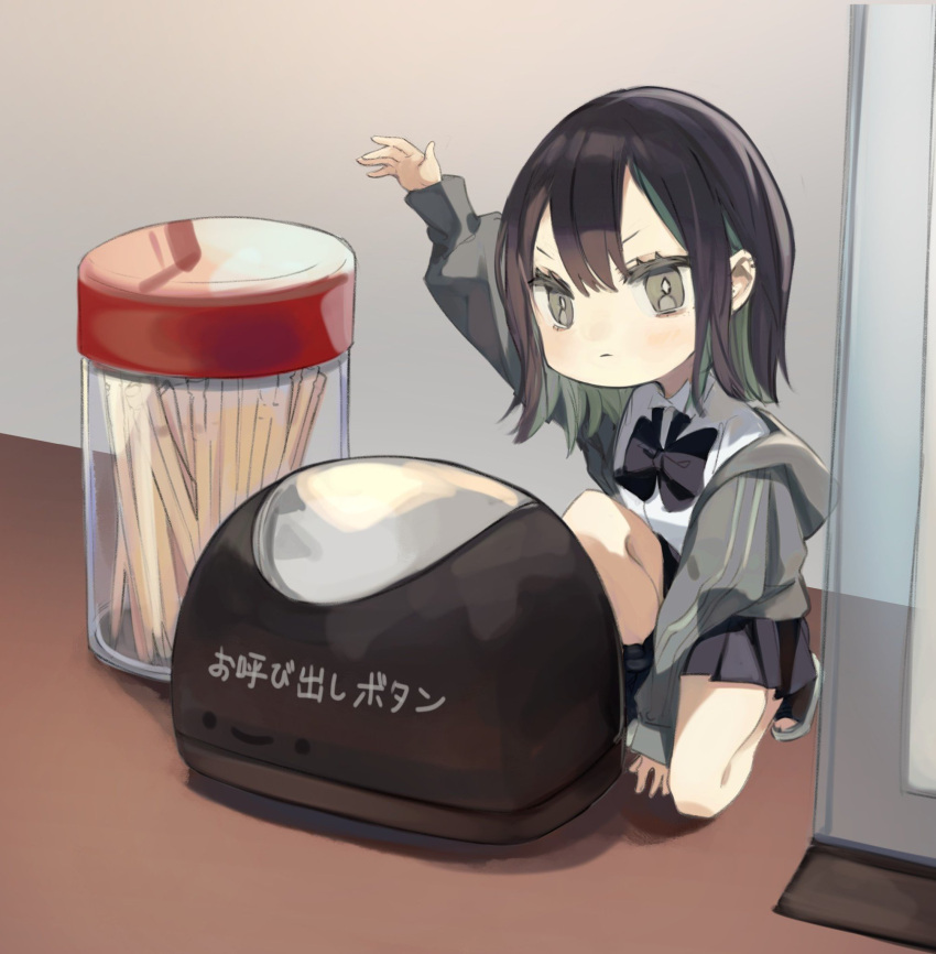 1girl, bangs, bare_legs, black_bow, black_bowtie, black_eyes, black_footwear, black_hair