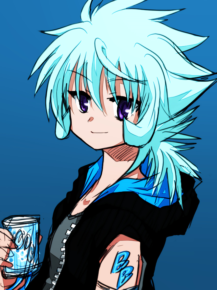 1girl, beyblade, black_jacket, blue_hair, closed_mouth, drink, energy_drink, flat_chest, hasama_hikaru, highres, jacket, juvenile, looking_at_viewer, medium_hair, metal_fight_beyblade, open_clothes, open_jacket, solo, spiky_hair, tomboy, upper_body, violet_eyes, young
