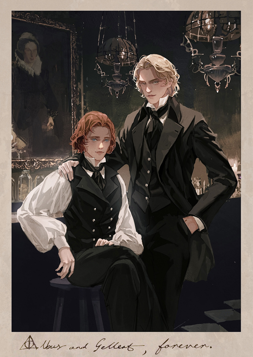2boys, absurdres, albus_dumbledore, ascot, bangs, black_ascot, black_jacket, black_pants