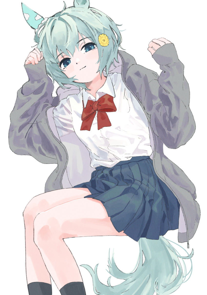 1girl, absurdres, alternate_costume, animal_ears, arm_up, bangs, black_socks, blue_skirt, bow, bowtie, closed_mouth, collared_shirt, ear_covers, feet_out_of_frame, green_eyes, grey_hoodie, hair_ornament, half-closed_eyes, hand_up, highres, hood, hoodie, horse_ears, horse_girl, horse_tail, kneehighs, knees_together_feet_apart, light_green_hair, long_sleeves, looking_at_viewer, lying, on_back, open_clothes, open_hoodie, pleated_skirt, red_bow, red_bowtie, school_uniform, seiun_sky_(umamusume), shirt, short_hair, single_ear_cover, skirt, sleeves_past_wrists, smile, socks, solo, tail, terabaito, umamusume, white_shirt