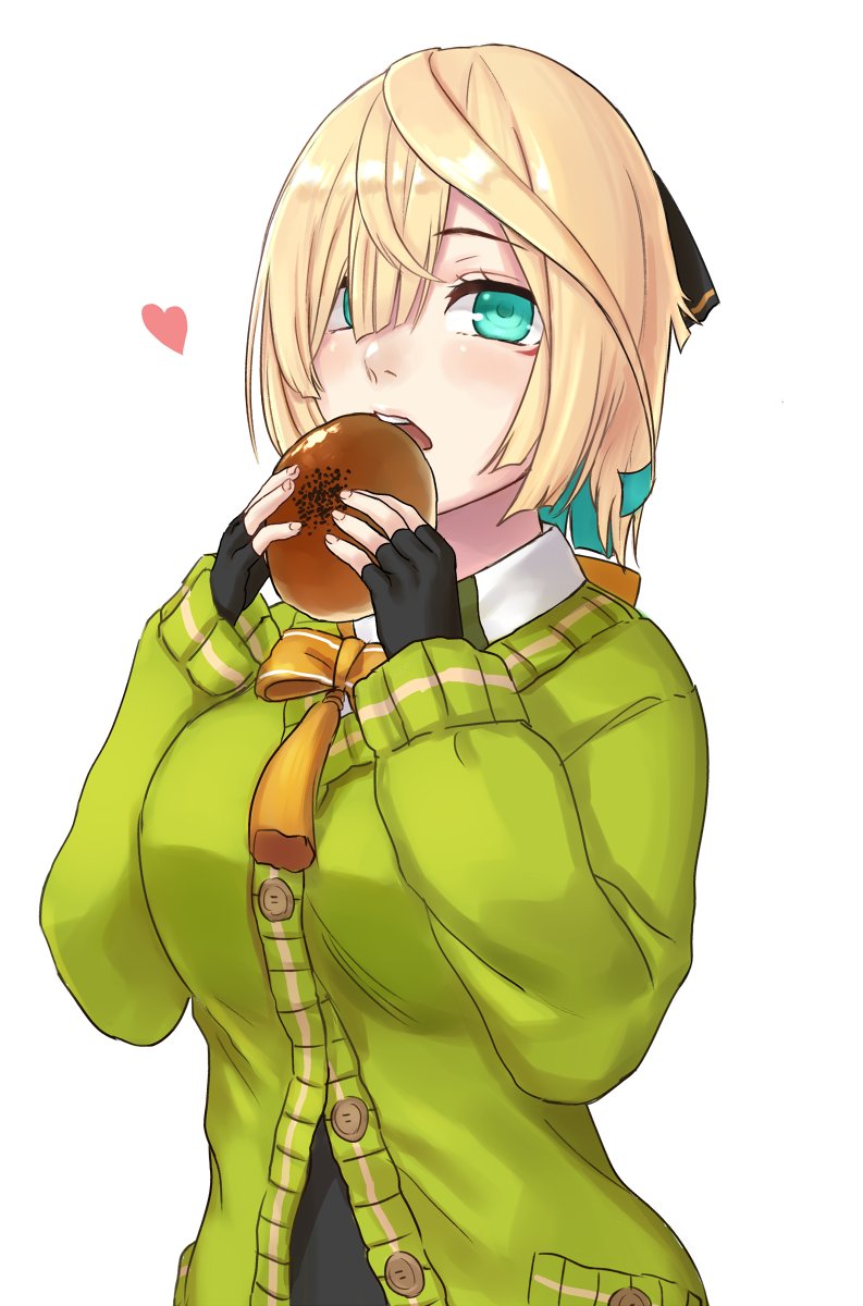 1girl, anpan, aqua_eyes, aqua_hair, blonde_hair, bow, bowtie, cardigan