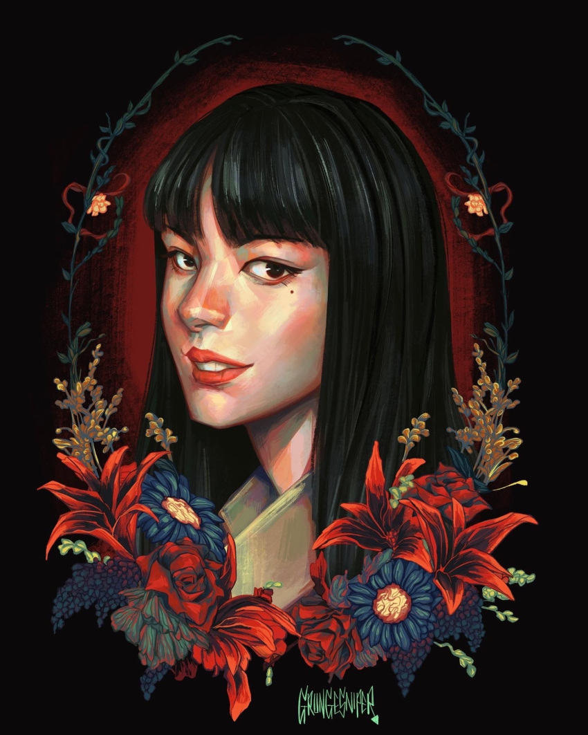 1girl, artist_name, black_background, black_eyes, black_hair, english_commentary, flower, grungesniper