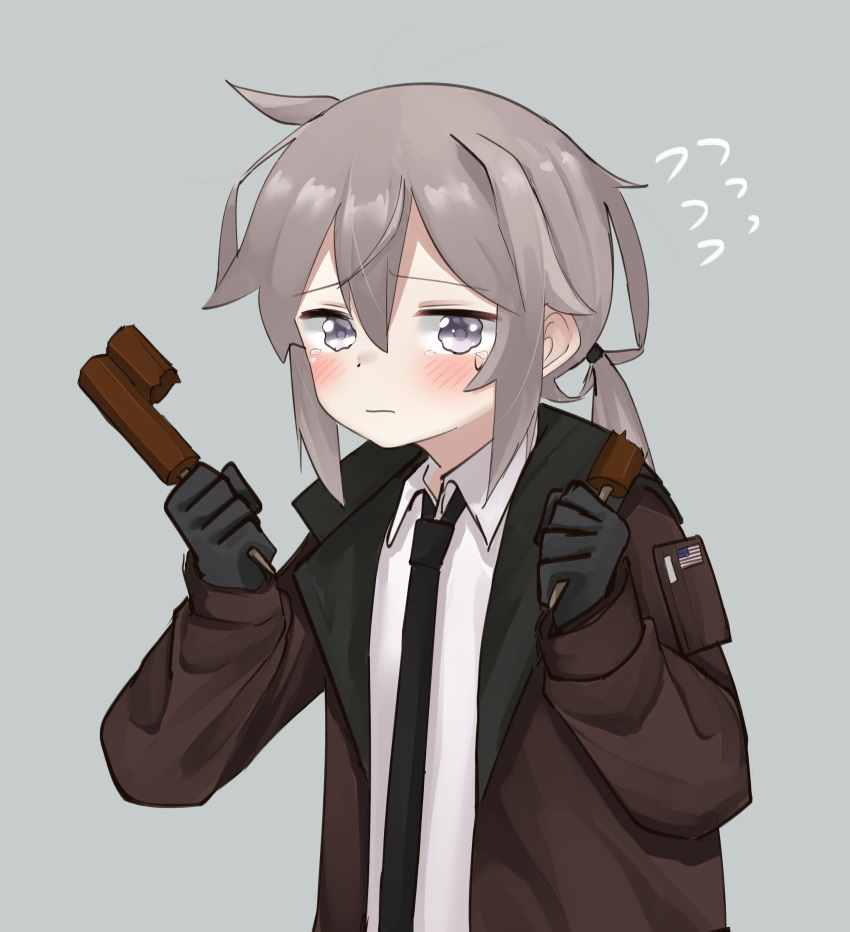 1girl, absurdres, ahoge, american_flag, bangs, black_gloves, black_necktie, blush