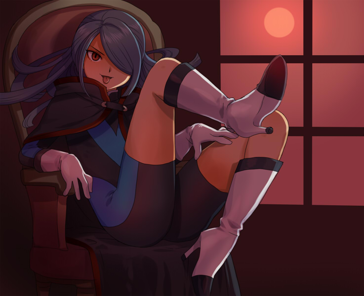blue_hair, bodysuit, boots, chair, hair_over_one_eye, highheels, inazuma_eleven, kazemaru_ichirouta, long_hair, one_leg_up, sitting, smile, teasing, tongue, trap, window