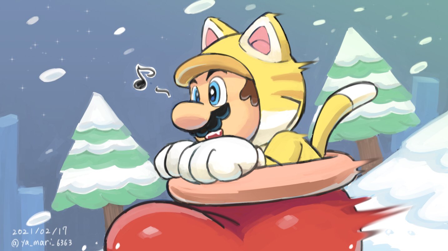 1boy, animal_hood, blue_eyes, brown_hair, cat_hood, cat_mario, facial_hair, hood
