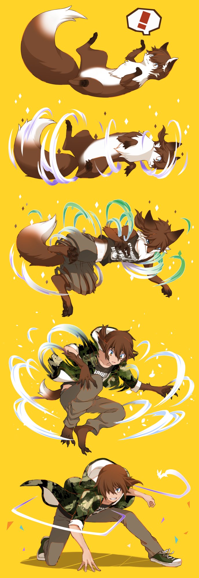 !, 1boy, :3, ^_^, animal, animal_ear_fluff, animal_ears, animal_feet, bangs, barefoot, black_footwear, black_shirt, body_fur, brown_fur, camouflage, camouflage_jacket, closed_eyes, closed_mouth, clothes_writing, confetti, digitigrade, falling, fox, fox_boy, fox_ears, fox_tail, furry, furry_male, green_footwear, grey_pants, grin, hair_over_one_eye, hand_on_ground, highres, jacket, jumping, landing, looking_away, looking_down, looking_to_the_side, male_focus, midriff_peek, multiple_views, necktie, one_eye_covered, one_knee, original, pants, profile, progression, sarara_(yoasobi), shirt, shoes, short_hair, short_sleeves, simple_background, sleeves_rolled_up, smile, sneakers, spinning, spirit, spoken_exclamation_mark, tail, tank_top, transformation, visible_air, yellow_background