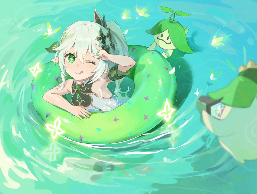 1girl, ;q, arakunti_(genshin_impact), aranara_(genshin_impact), blush, bow, bug, butterfly, camera, chinese_commentary, closed_mouth, commentary_request, flower-shaped_pupils, genshin_impact, green_eyes, hair_bow, hair_ornament, highres, holding, holding_camera, innertube, lips, long_hair, looking_at_object, miggle27874497, nahida_(genshin_impact), one_eye_closed, one_side_up, partially_submerged, ripples, salute, smile, solo, sparkle, swimming, symbol-shaped_pupils, tongue, tongue_out, two-finger_salute, upper_body, water, white_hair
