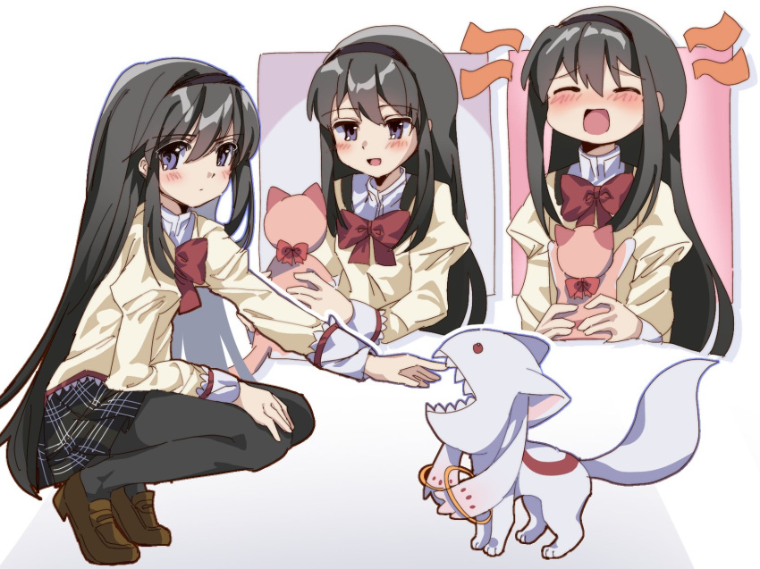 1girl, akemi_homura, animal, azumanga_daioh, black_hair, black_pantyhose, blush, bow, bowtie, brown_footwear, cat, crossover, highres, holding, holding_animal, kamineko, kuro_miumu, kyubey, long_hair, mahou_shoujo_madoka_magica, mitakihara_school_uniform, multiple_views, pantyhose, parody, pleated_skirt, red_bow, red_bowtie, sakaki, school_uniform, skirt, squatting, teeth, violet_eyes
