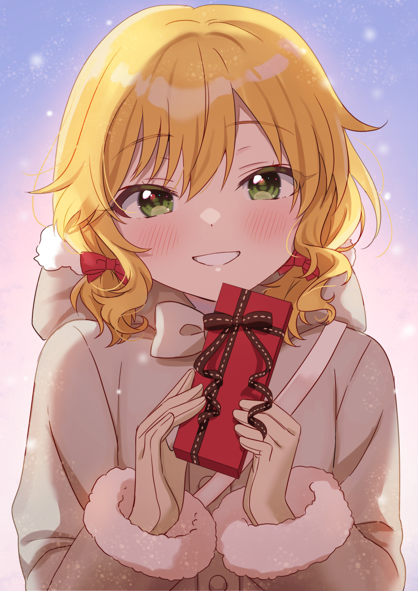 1girl, absurdres, blonde_hair, blush, brown_coat, brown_gloves, coat, commentary_request