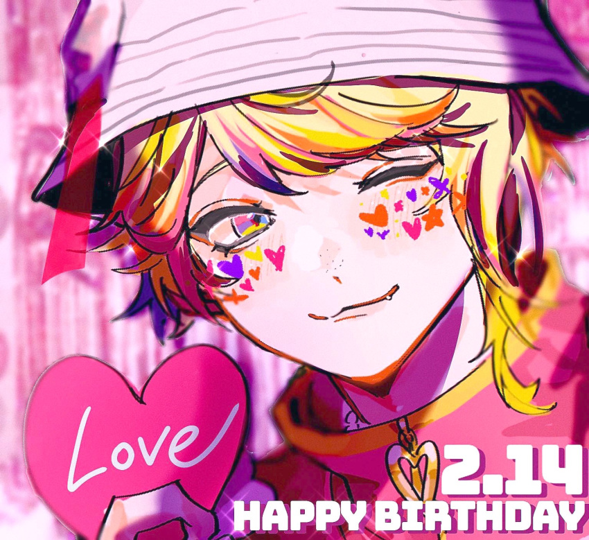 1boy, blonde_hair, blue_eyes, blush, box, dated, freckles, happy_birthday, hat, heart, heart-shaped_box, highres, jacket, l99_2km, long_sleeves, male_focus, misuji_kantaro, multicolored_eyes, multicolored_hair, one_eye_closed, paradox_live, pink_eyes, pink_hair, pink_jacket, purple_hair, short_hair, solo, violet_eyes, yellow_eyes