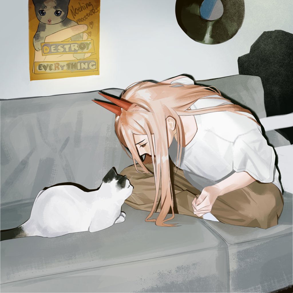 1girl, brown_hair, chainsaw_man, couch, horns, long_hair, looking_at_another, meowy_(chainsaw_man), perzhik1, photo-referenced, poster_(object), power_(chainsaw_man), record, red_horns, shirt, white_shirt