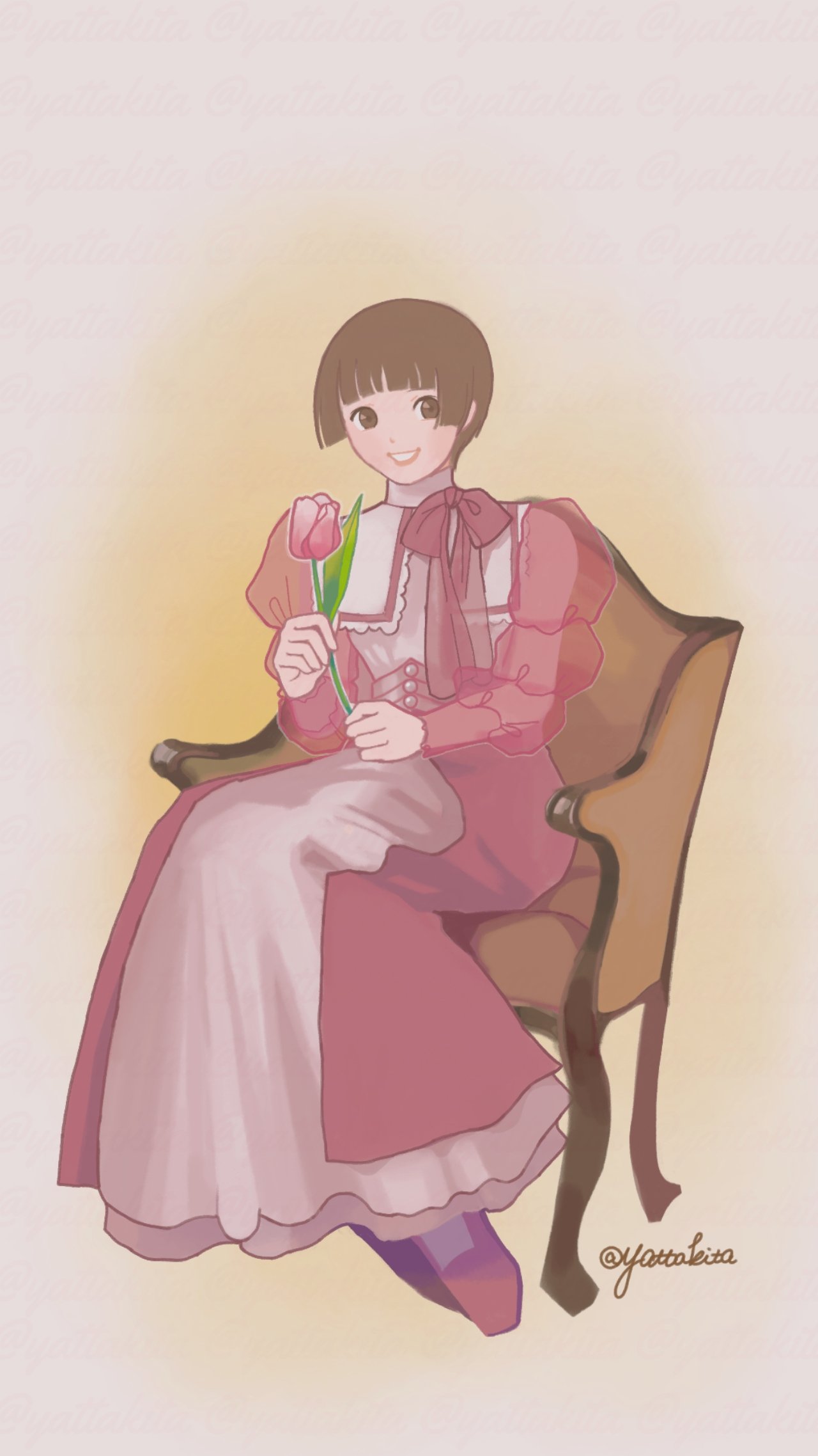1girl, armchair, bangs, blush, bow, brown_eyes, brown_hair, chair, dress, flat_chest, flower, gundam, highres, holding, holding_flower, looking_at_viewer, pink_bow, pink_dress, pink_flower, pink_footwear, pink_tulip, short_hair, sitting, smile, sochie_heim, solo, tulip, turn_a_gundam, twitter_username, victorian, yatta_kita