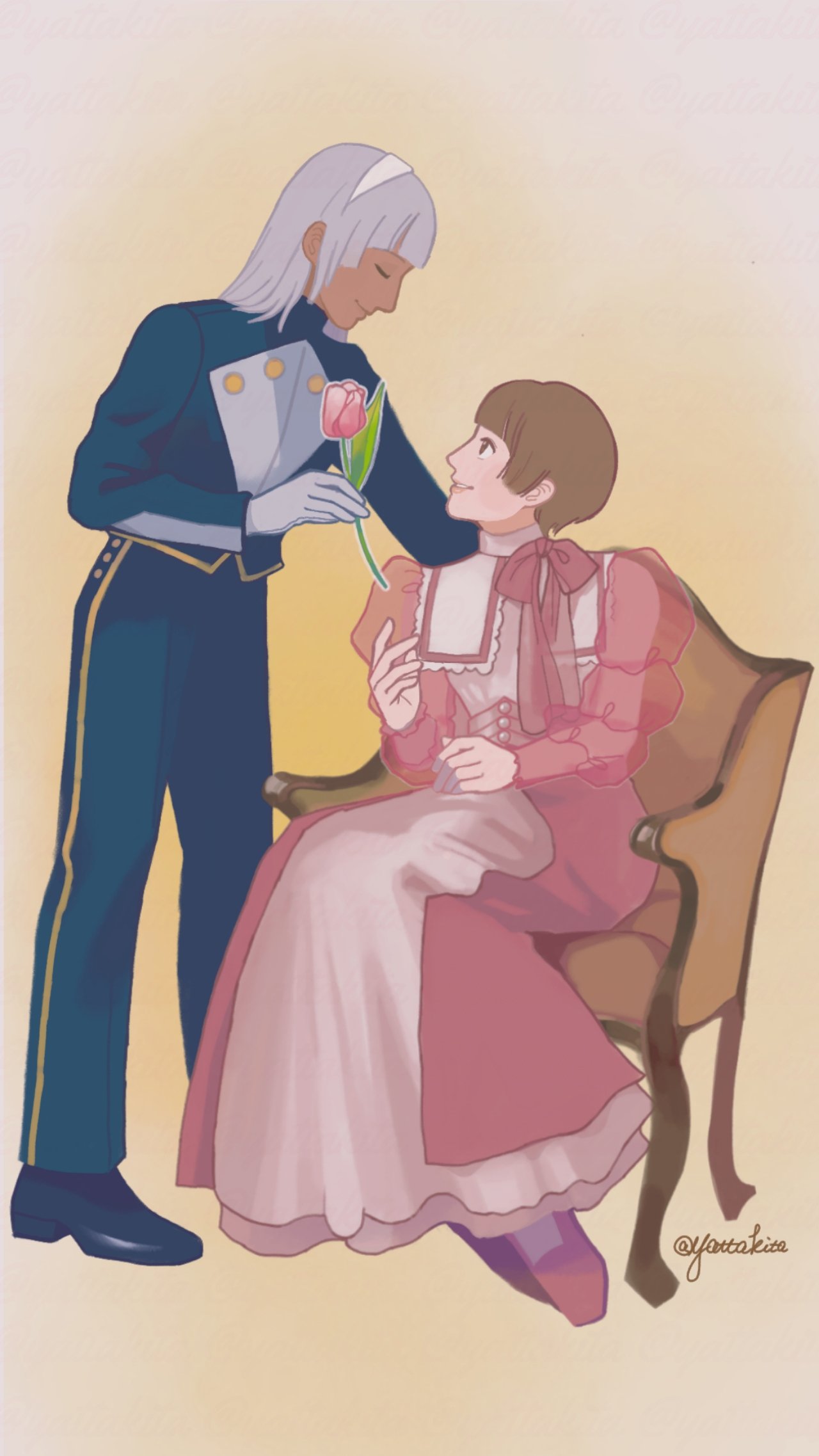 1boy, 1girl, armchair, bangs, blue_footwear, blue_jacket, blue_pants, blush, bow, brown_eyes, brown_hair, chair, closed_eyes, dark-skinned_male, dark_skin, dress, flat_chest, flower, grey_hair, gundam, hair_behind_ear, highres, holding, holding_flower, jacket, long_hair, looking_at_another, looking_up, loran_cehack, open_hand, pants, pink_bow, pink_dress, pink_flower, pink_footwear, pink_tulip, short_hair, sitting, smile, sochie_heim, tulip, turn_a_gundam, twitter_username, victorian, yatta_kita