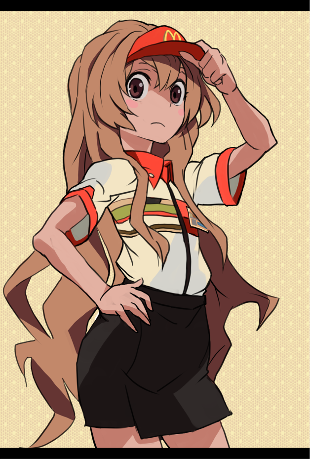 aisaka_taiga, atuki-kodou, brown_eyes, brown_hair, letterboxed, mcdonald's, part_time_job, toradora!, uniform, visor, visor_cap