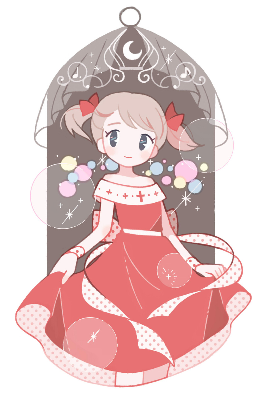 1girl, ana_(mother), blonde_hair, circle, crescent, cross, curtains, dress, female_child, hair_ribbon, highres, holding, holding_clothes, holding_dress, milkpeachi, mother_(game), mother_1, pink_dress, polka_dot, polka_dot_dress, ribbon, short_twintails, smile, solo, sparkle, sparkle_background, sparkling_eyes, twintails
