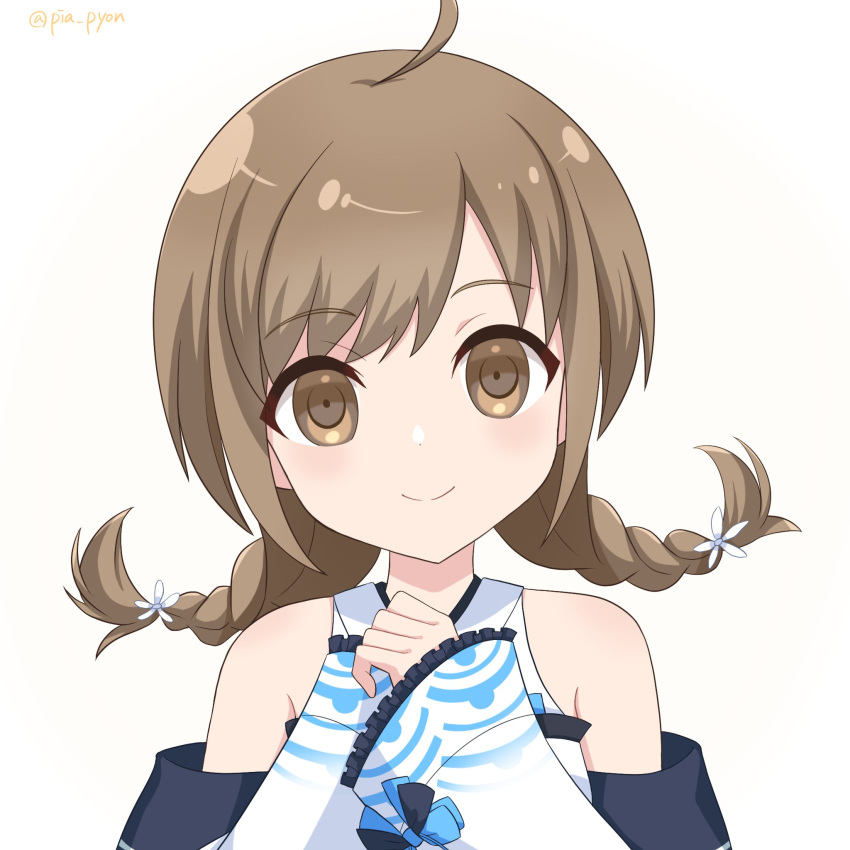 1girl, ahoge, assault_lily, bangs, bare_shoulders, braid, brown_eyes, brown_hair