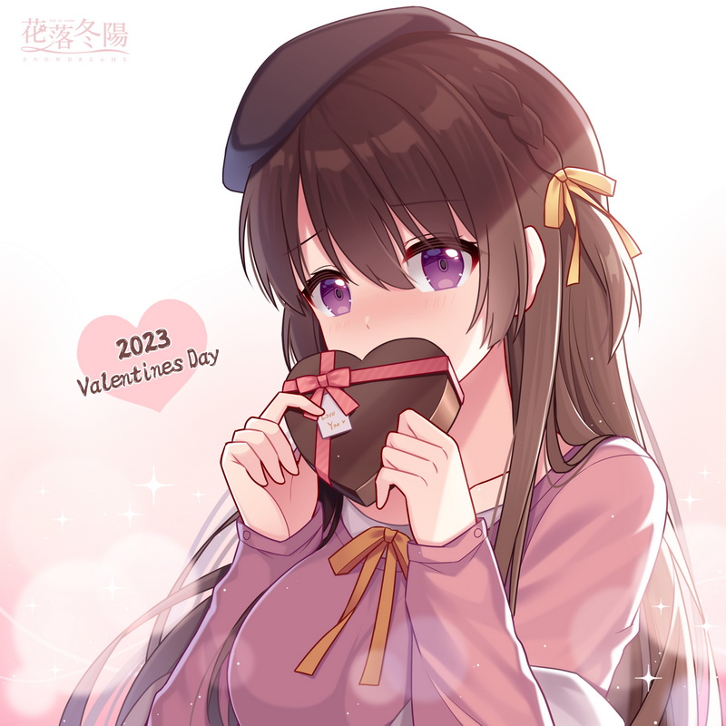 1girl, 2023, bangs, beret, black_headwear, blush, bow, box