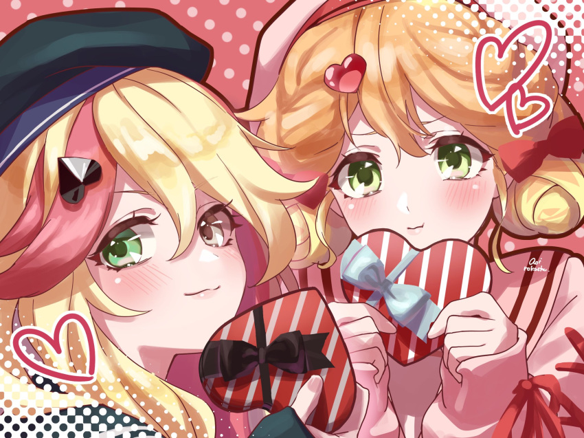 2girls, aoi_rokushou, artist_name, beret, black_headwear, black_shirt, blonde_hair, bow