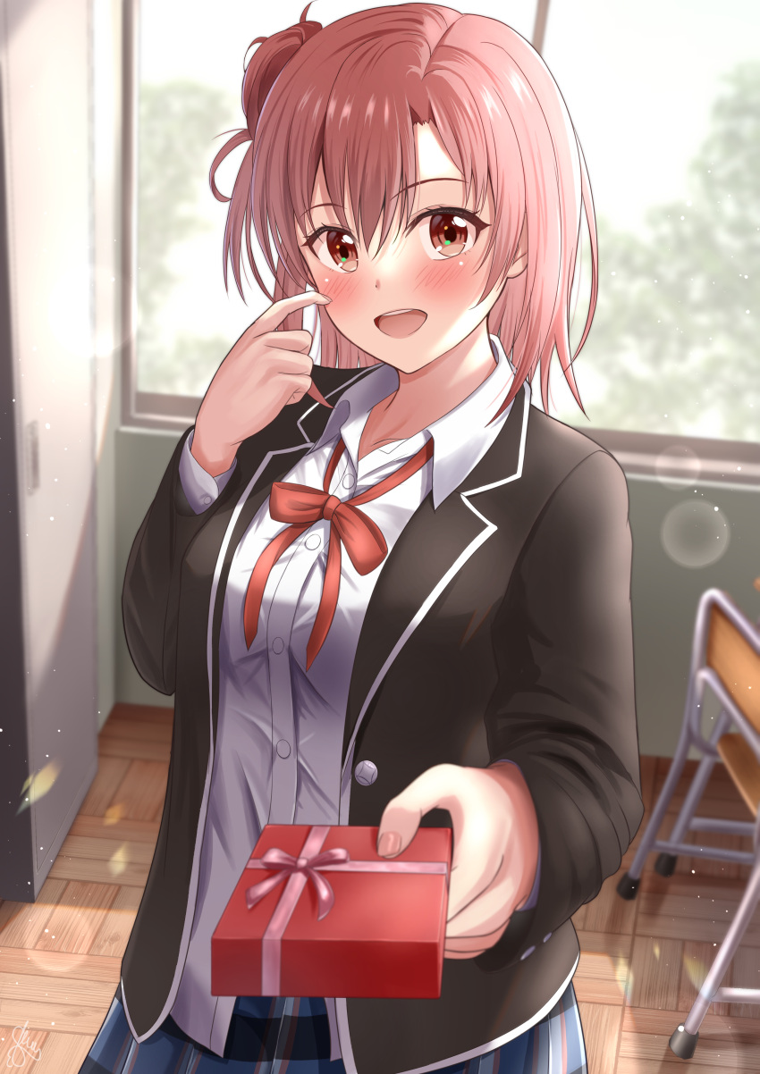 1girl, absurdres, akiyama0818, bangs, black_jacket, blue_skirt, blurry, blurry_background