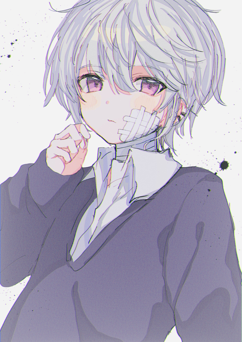 1boy, :o, absurdres, bandaged_neck, bandages, blue_sweater, blush, collared_shirt