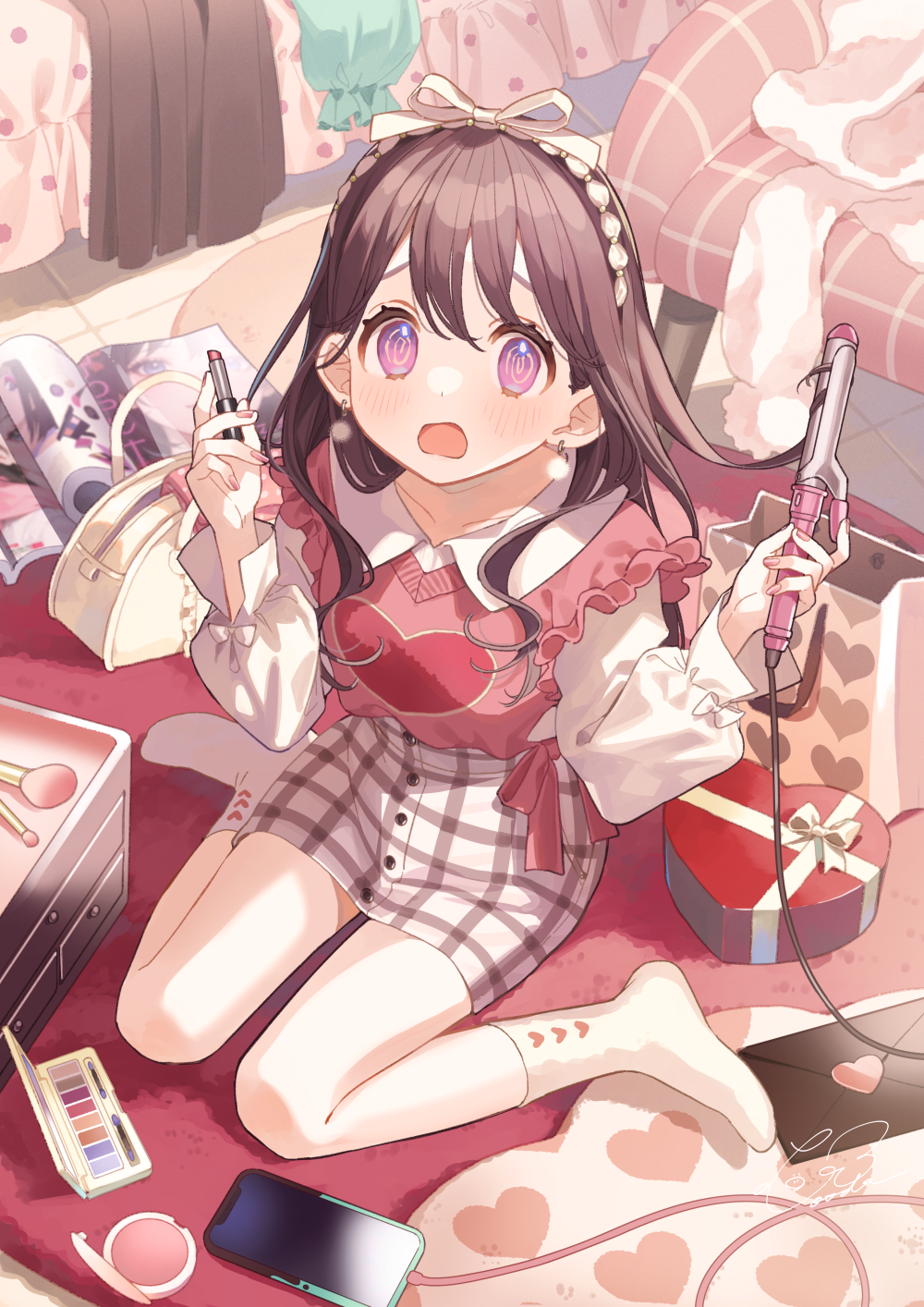 1girl, @_@, bag, bangs, bed, booota, box, brown_hair
