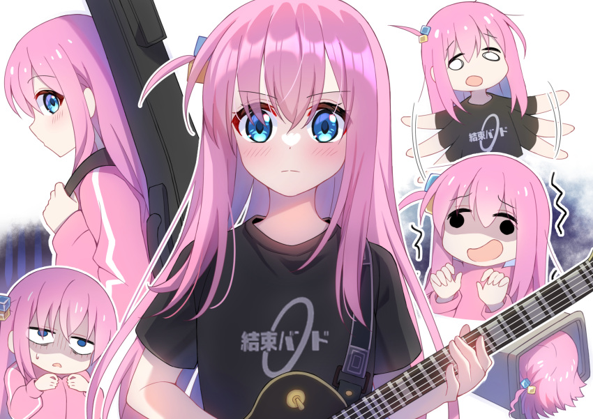 1girl, bangs, blue_eyes, bocchi_the_rock!, cube_hair_ornament, electric_guitar, gibson_les_paul, gotou_hitori