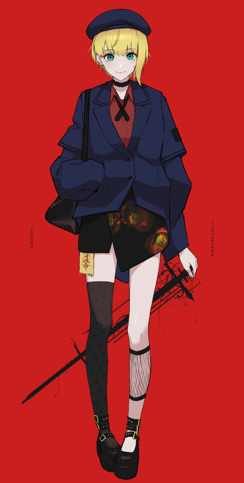 1girl, absurdres, ankle_strap, beret, black_thighhighs, blonde_hair, coat, full_body