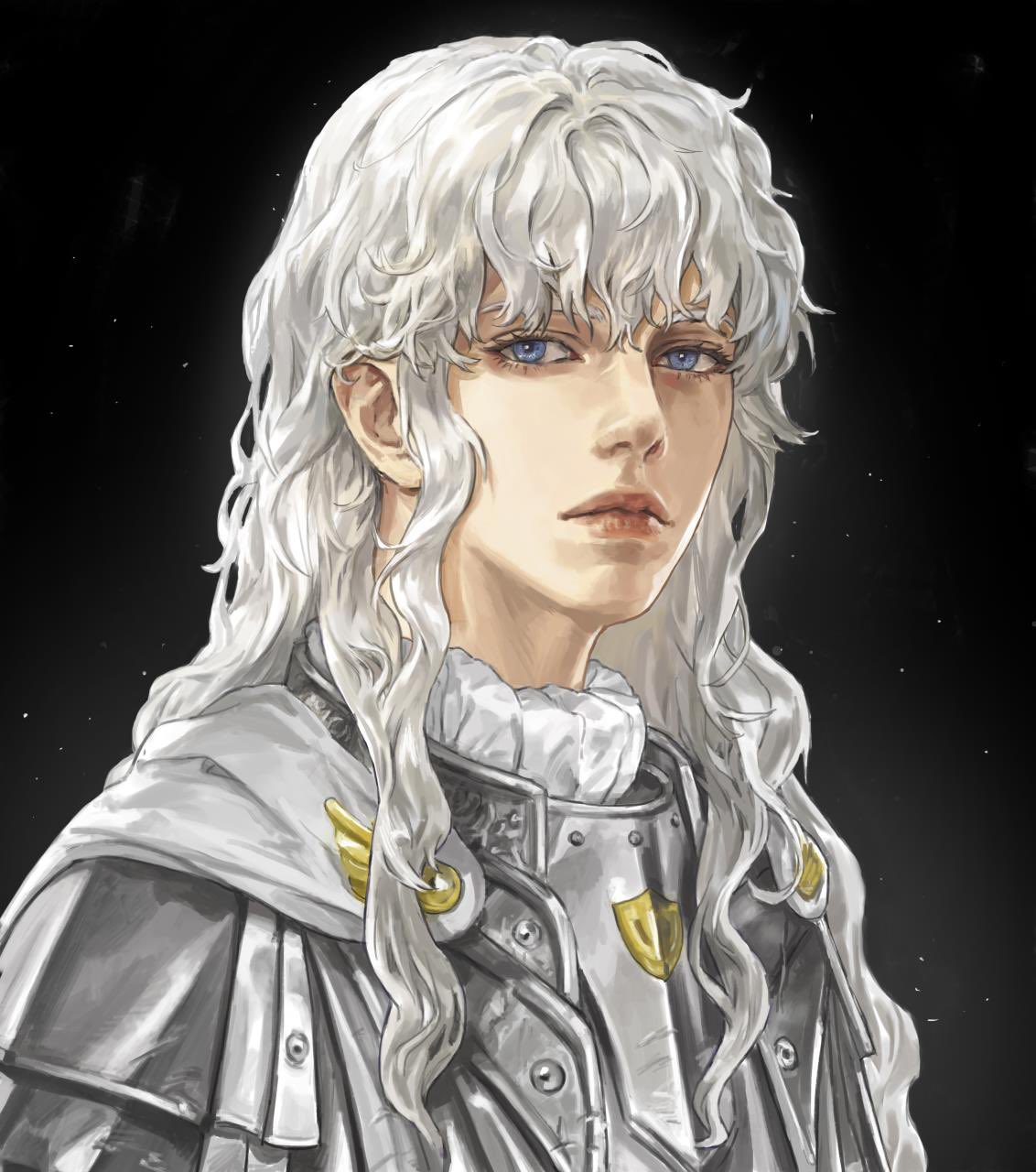 1boy, armor, bangs, berserk, blue_eyes, cape, closed_mouth, griffith_(berserk), highres, lips, long_hair, looking_at_viewer, male_focus, natsuhiro, solo, wavy_hair, white_cape, white_hair