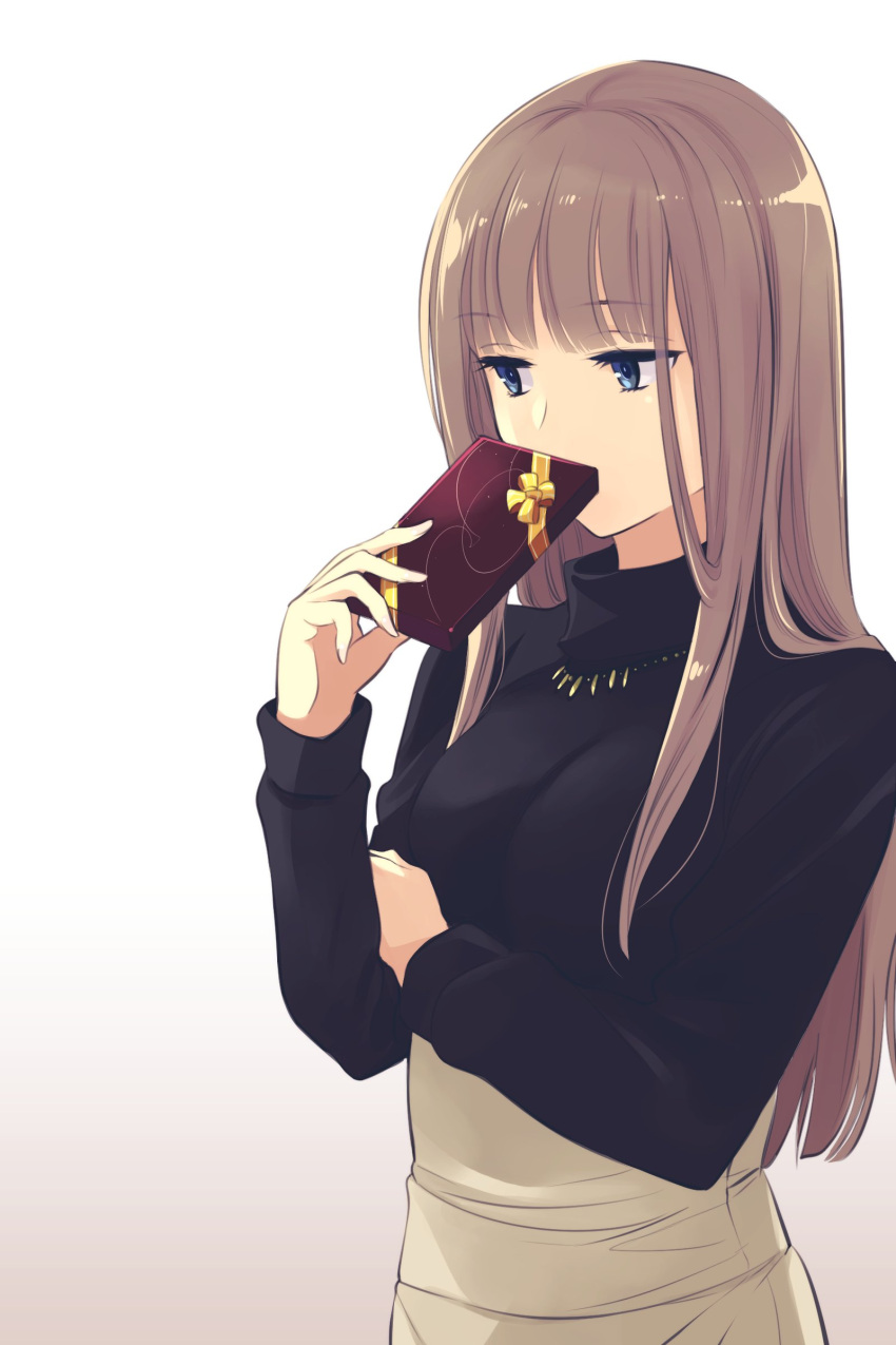 1girl, absurdres, android, blonde_hair, blue_eyes, box, box_of_chocolates, chocolate