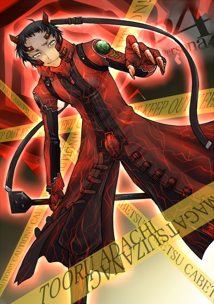 adachi_tohru, black_hair, cabbage, cosplay, magatsu_izanagi, magatsu_izanagi_(cosplay), persona, persona_4, segami_daisuke, solo, spoilers, yellow_eyes