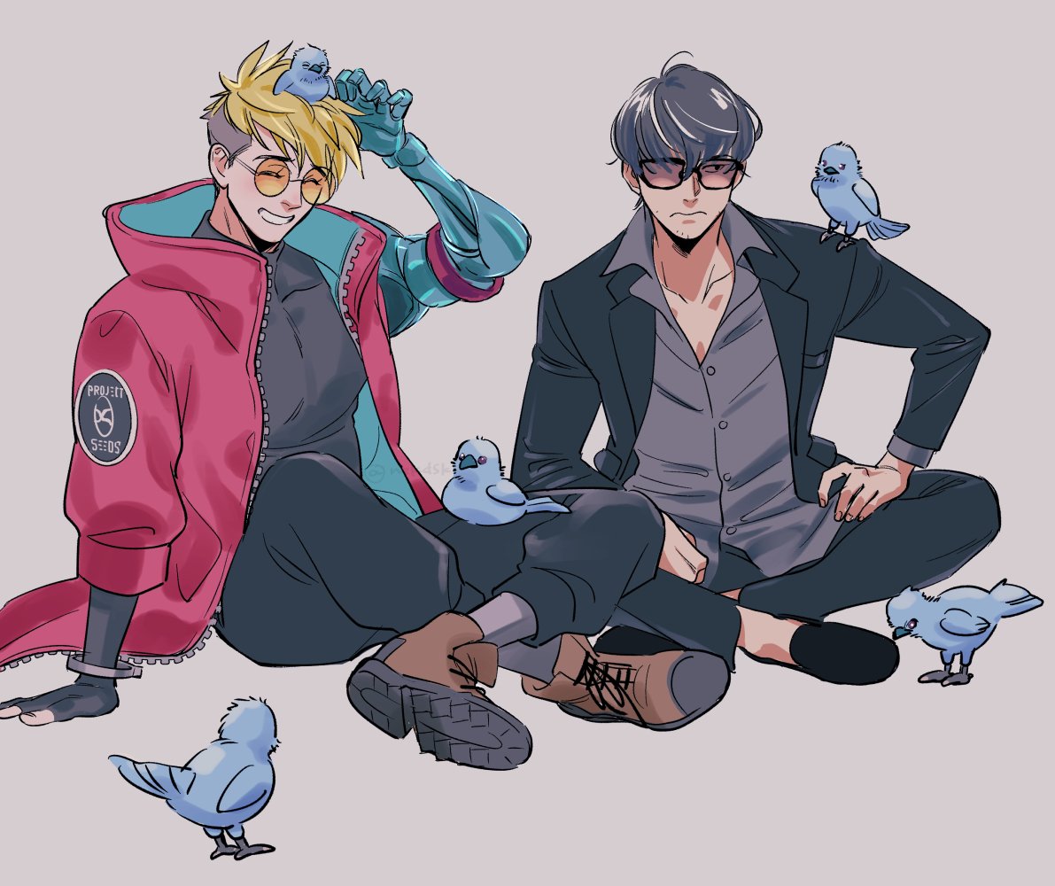 2boys, bird, black_footwear, black_hair, blonde_hair, brown_footwear, coat, grey_background