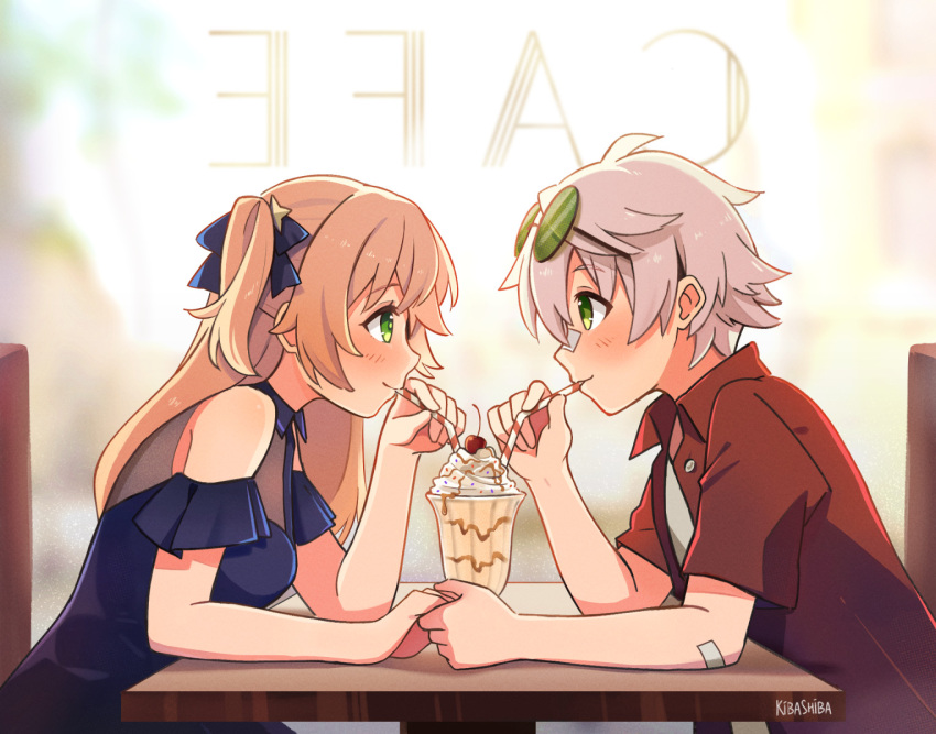 1boy, 1girl, alternate_costume, bandaid, bandaid_on_arm, bandaid_on_face, bandaid_on_nose, bennett_(genshin_impact)