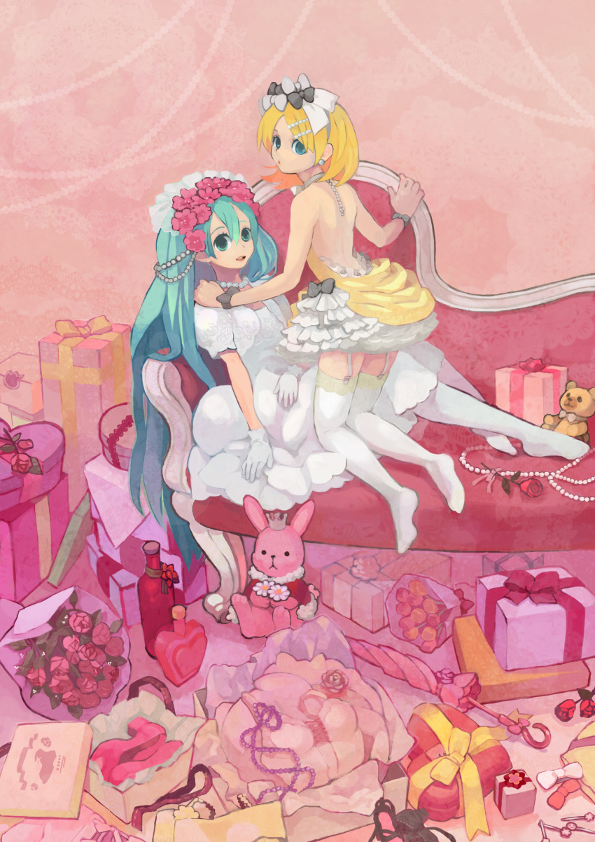 absurdres, aqua_eyes, aqua_hair, back, bad_id, bare_back, blonde_hair, bouquet, choker, couch, dress, earrings, flower, garter_straps, garters, gift, gloves, gown, hair_flower, hair_ornament, hatsune_miku, highres, jewelry, kagamine_rin, kneeling, long_hair, looking_back, multiple_girls, necklace, pantyhose, rose, shiromi, shiromi-12, shoes, short_hair, sitting, stuffed_animal, stuffed_toy, very_long_hair, vocaloid