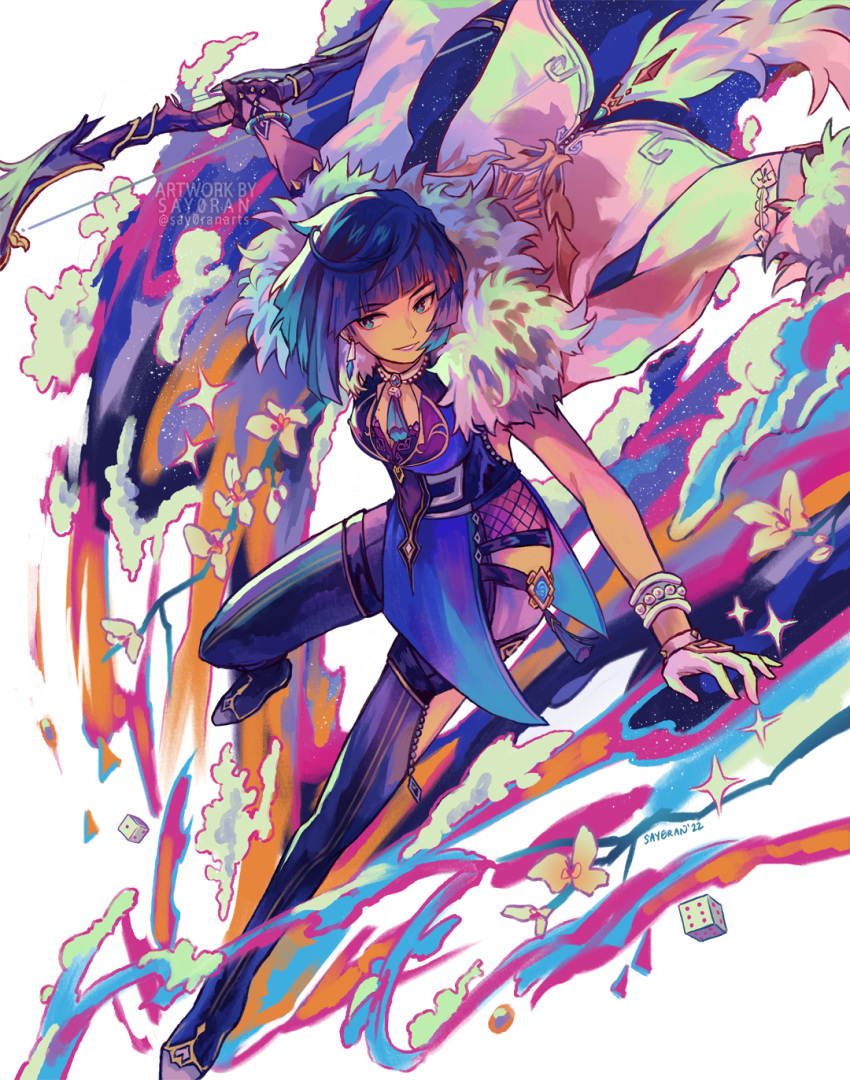 1girl, aqua_simulacra_(genshin_impact), arm_up, artist_name, asymmetrical_gloves, bangs, black_footwear, black_gloves, black_hair, blue_dress, blue_hair, boots, bow_(weapon), bracelet, branch, breasts, china_dress, chinese_clothes, commentary, dated, diagonal_bangs, dice, dress, earrings, elbow_gloves, fishnets, flower, full_body, fur-trimmed_jacket, fur-trimmed_sleeves, fur_trim, genshin_impact, gloves, gold_trim, gradient_hair, green_eyes, highres, holding, holding_bow_(weapon), holding_weapon, jacket, jacket_on_shoulders, jewelry, medium_breasts, mismatched_gloves, mole, mole_on_breast, multicolored_hair, neck_ring, parted_lips, pelvic_curtain, pink_flower, say0ran, short_hair, sidelocks, sleeveless, sleeveless_dress, smile, solo, sparkle, star_(symbol), tassel, thigh_boots, uneven_gloves, vision_(genshin_impact), water, watermark, weapon, white_background, white_gloves, white_jacket, yelan_(genshin_impact)