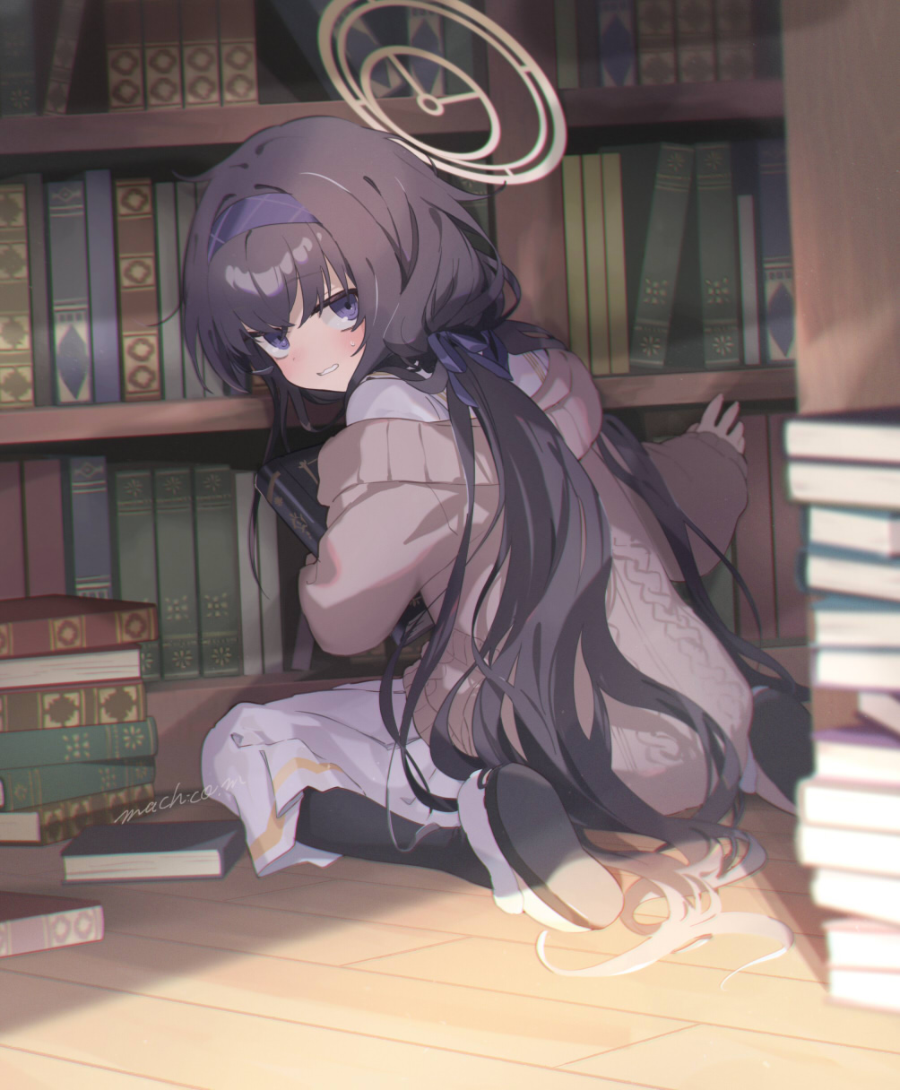 1girl, artist_name, black_hair, black_pantyhose, blue_archive, blue_hairband, blue_ribbon, blush, book, bookshelf, cardigan, commentary, from_behind, grin, hair_ribbon, hairband, halo, highres, holding, holding_book, indoors, jitome, library, long_hair, long_skirt, looking_at_viewer, low_twintails, machico_maki, on_floor, pantyhose, pile_of_books, pleated_skirt, ribbon, safe, shirt, signature, sitting, skirt, slippers, smile, solo, twintails, ui_(blue_archive), very_long_hair, wariza, white_shirt, white_skirt, wooden_floor