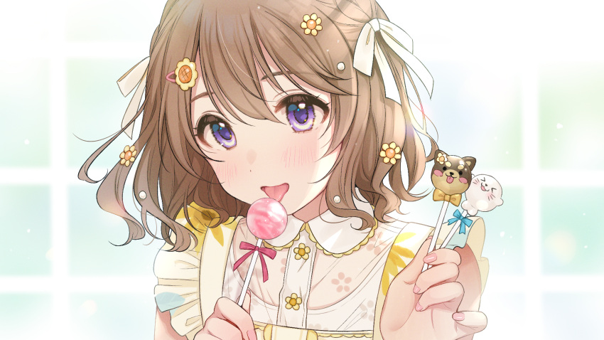 1girl, bangs, blue_ribbon, blush, bow, brown_hair, candy, dress