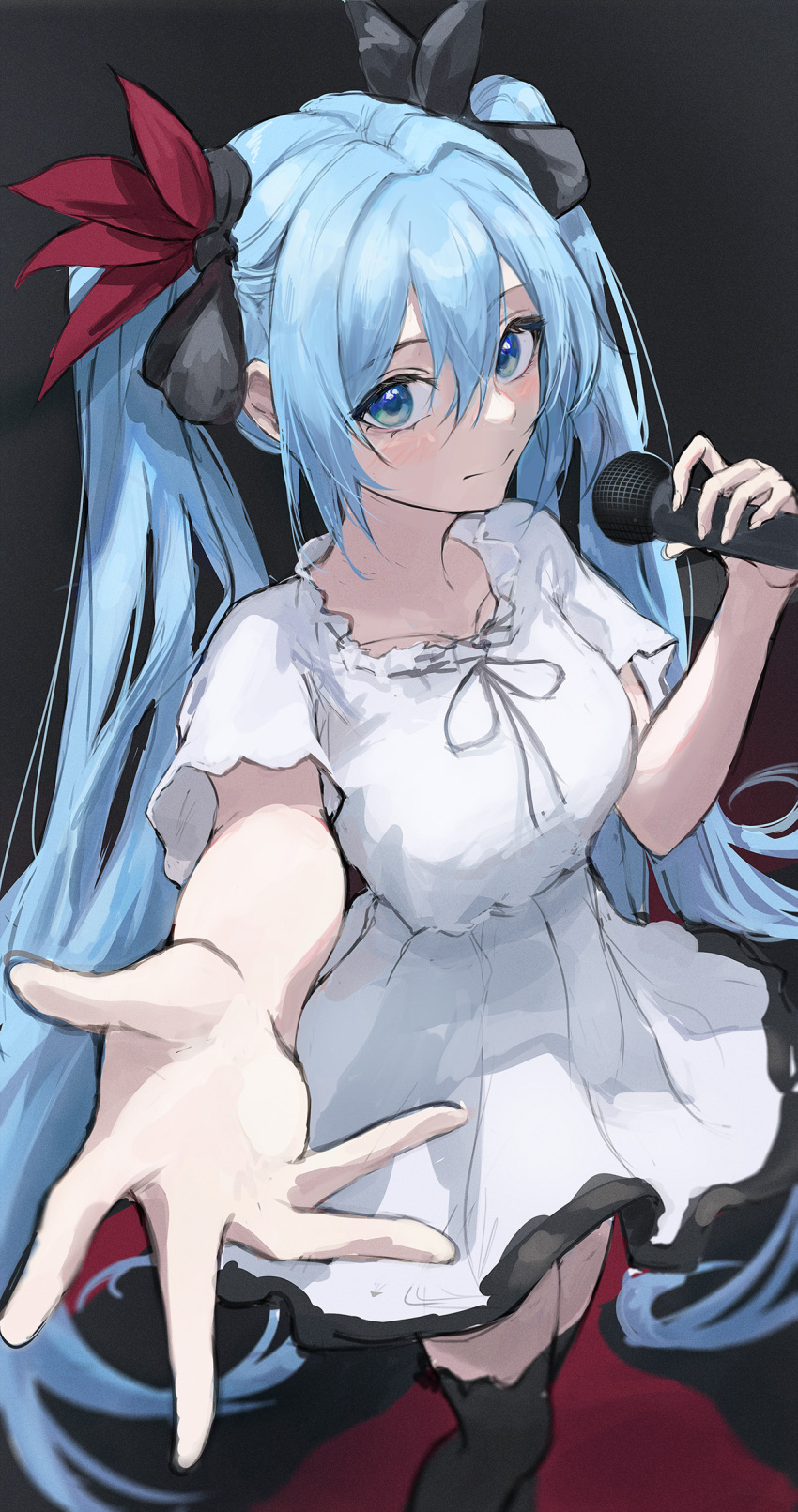 1girl, absurdres, bangs, black_ribbon, black_thighhighs, blue_eyes, blue_hair, blush