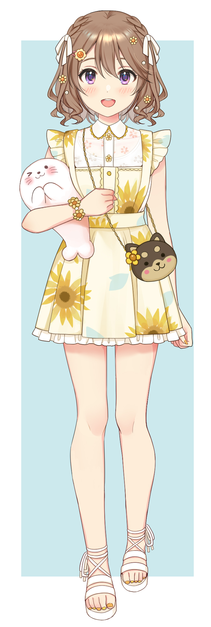 >_o, 1girl, :d, arm_at_side, bag, bangs, bare_arms, bare_legs