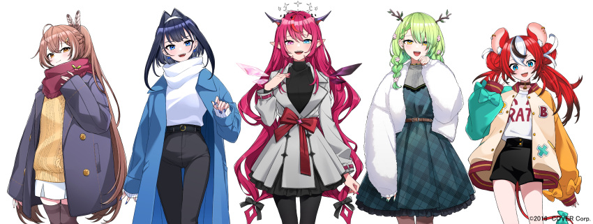 5girls, :d, absurdres, ahoge, aneco_(westsea1227), animal_ears, antlers, asymmetrical_wings