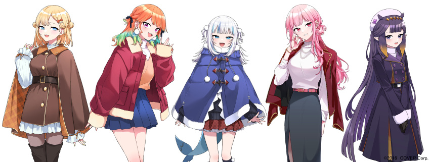 5girls, :d, absurdres, aneco_(westsea1227), bangs, belt, beret, black_hair, black_sweater, blonde_hair, blue_capelet, blue_eyes, blue_hair, blue_skirt, blunt_bangs, bob_cut, bracelet, brown_capelet, brown_jacket, capelet, casual, coat, coat_on_shoulders, double_bun, fingernails, fish_tail, frilled_sleeves, frills, gawr_gura, gloves, gradient_hair, green_hair, grey_eyes, grey_hair, grey_skirt, grin, hair_bun, hair_ornament, hair_ribbon, hairpin, happy_valentine, hat, highres, hololive, hololive_english, holomyth, jacket, jewelry, kneehighs, long_hair, long_skirt, looking_at_viewer, medium_hair, mole, mole_under_eye, mori_calliope, multicolored_hair, multiple_girls, nail_polish, ninomae_ina'nis, official_alternate_costume, official_alternate_hairstyle, official_art, orange_hair, peacoat, pink_eyes, pink_hair, pink_nails, pleated_skirt, pointy_ears, poncho, ponytail, purple_coat, purple_hair, red_coat, red_jacket, red_skirt, ribbon, shark_girl, shark_tail, sharp_teeth, short_hair, skirt, smile, socks, straight_hair, streaked_hair, sweater, tail, takanashi_kiara, teeth, tentacle_hair, thigh-highs, turtleneck, two_side_up, upper_teeth_only, very_long_hair, violet_eyes, virtual_youtuber, watson_amelia, waving, white_sweater