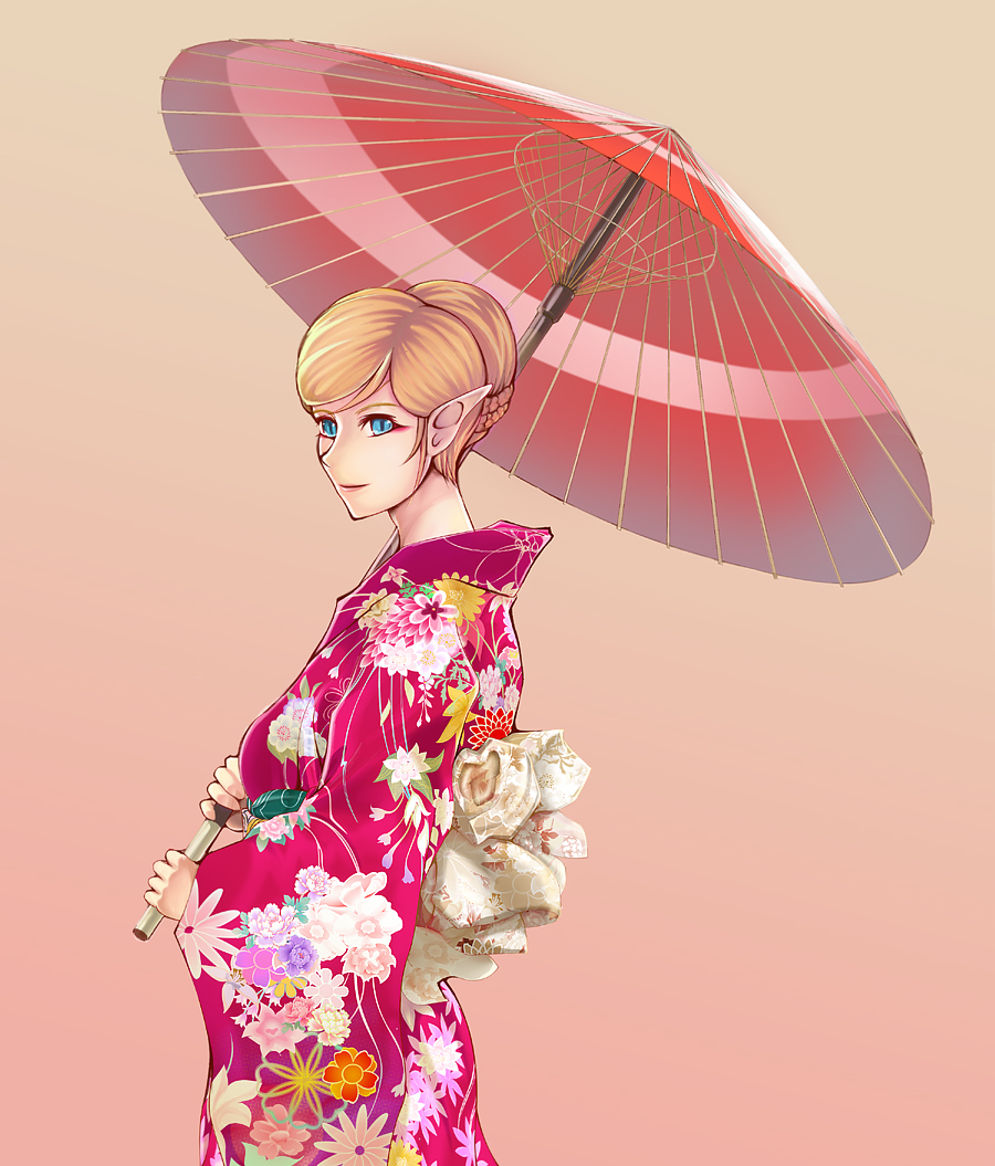 blue_eyes, cognite, elf, eyeshadow, floral_print, flower, hair_bun, japanese_clothes, kimono, makeup, master_of_epic, oriental_umbrella, pointy_ears, simple_background, solo, umbrella, xxtisatoxx